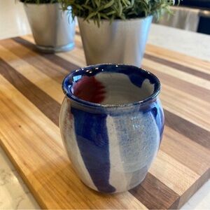 Handmade Glazed Ceramic Stoneware Clay Bud Vase Blue Nautical Beachy Vintage 79